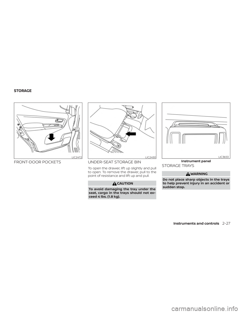 NISSAN NV200 2015  Owners Manual FRONT-DOOR POCKETSUNDER-SEAT STORAGE BIN
To open the drawer, lif t up slightly and pull
to open. To remove the drawer, pull to the
point of resistance and lif t up and pull. 