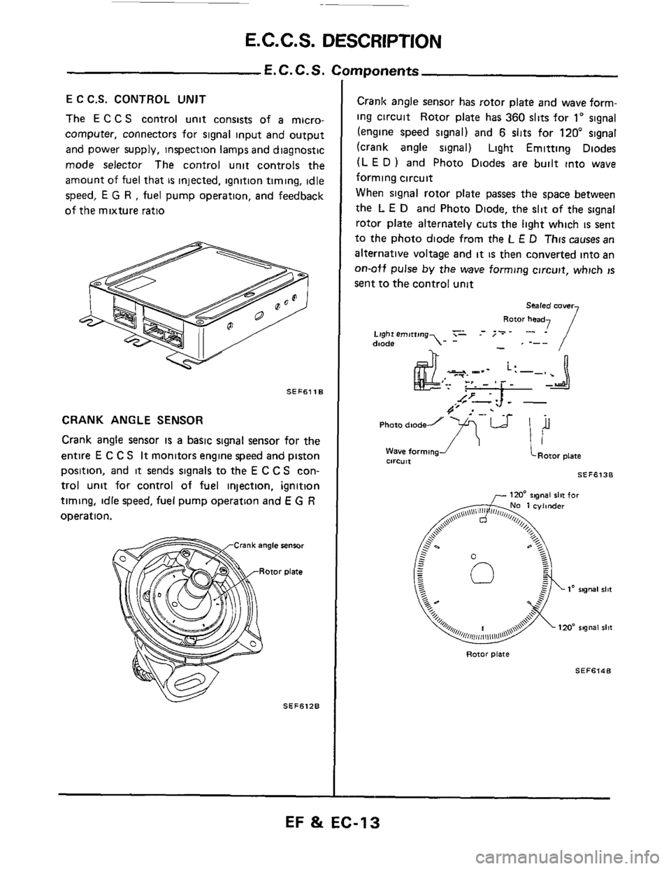 NISSAN 300ZX 1984 Z31 Engine Fuel And Emission Control System User Guide E.C.C.S. DESCRIPTION
E.C.C.S.
E C C.S. CONTROL UNIT
The E C C S control unit consists of a micro-
computer, connectors for signal input and output
and power supply, inspection lamps and d NISSAN 300ZX 1984 Z31 Engine Fuel And Emission Control System User Guide E.C.C.S. DESCRIPTION
E.C.C.S.
E C C.S. CONTROL UNIT
The E C C S control unit consists of a micro-
computer, connectors for signal input and output
and power supply, inspection lamps and d