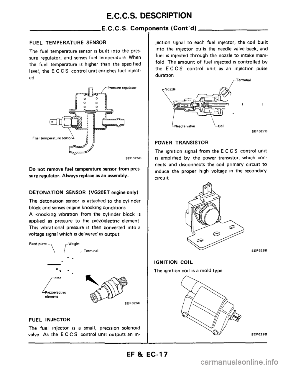 NISSAN 300ZX 1984 Z31 Engine Fuel And Emission Control System User Guide E. C. C. S. DESCRIPTION 
E.C.C.S. Corn 
FUEL TEMPERATURE  SENSOR 
The fuel temperature  sensor is built  into the pres- 
sure  regulator,  and senses  fuel temperature  When 
the  fuel  temperature 
I