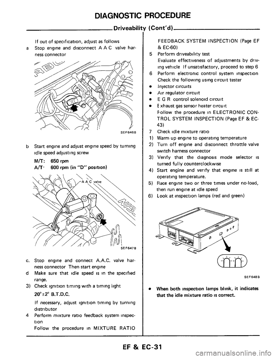 NISSAN 300ZX 1984 Z31 Engine Fuel And Emission Control System Owners Guide DIAGNOSTIC PROCEDURE
Driveabili
If out of specification, adjust as follows
ness connector
a Stop engine and disconnect A A C valve har-
SEF646B
b Start engine and adjust engine speed NISSAN 300ZX 1984 Z31 Engine Fuel And Emission Control System Owners Guide DIAGNOSTIC PROCEDURE
Driveabili
If out of specification, adjust as follows
ness connector
a Stop engine and disconnect A A C valve har-
SEF646B
b Start engine and adjust engine speed