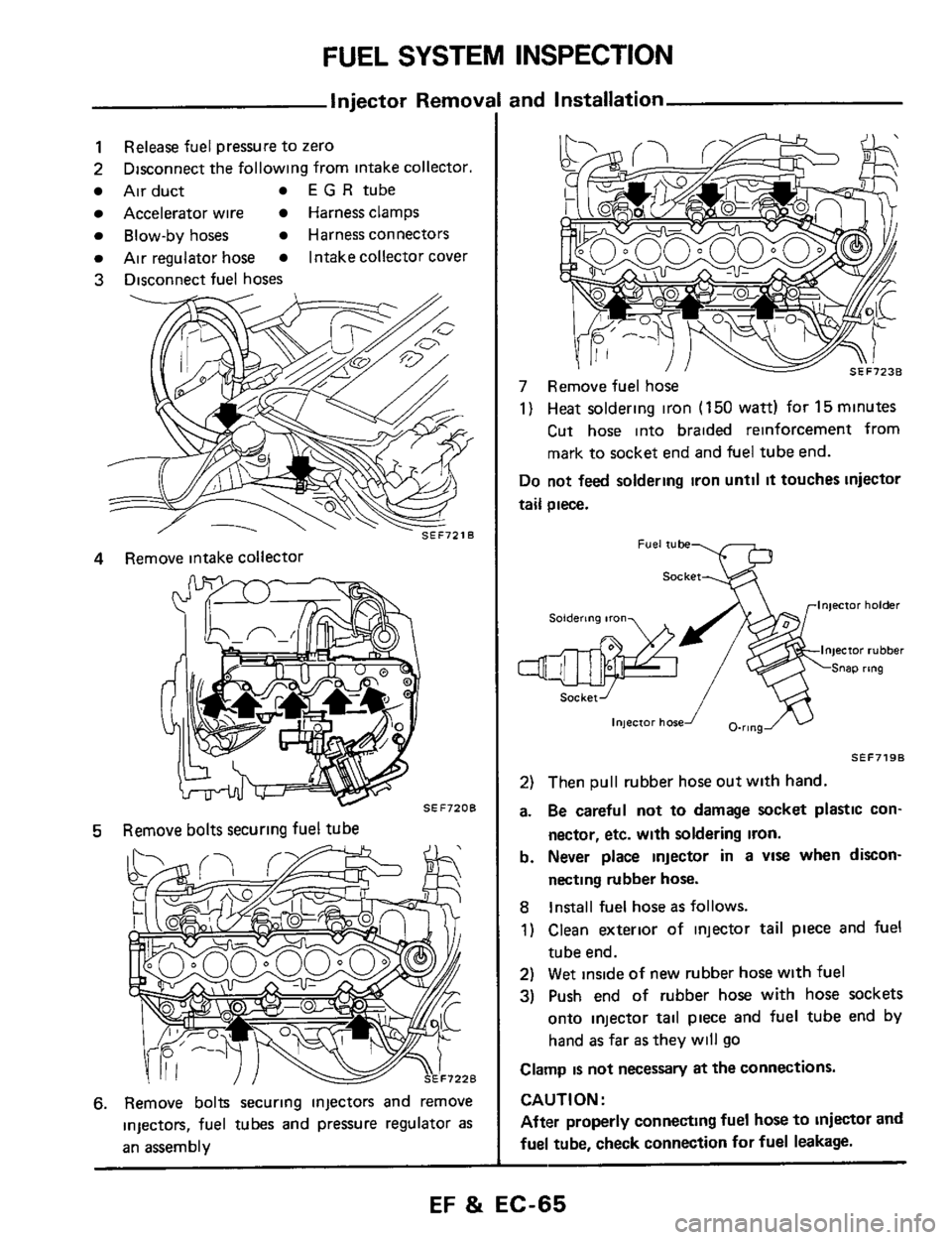 NISSAN 300ZX 1984 Z31 Engine Fuel And Emission Control System Repair Manual FUEL SYSTEM INSPECTION 
Injector Removi 
1 
2 
Air duct E G R tube 
Accelerator  wire Harness clamps 
Blow-by hoses Harness connectors 
Air regulator  hose Intakecollector  cover 
3 Disconnect fuel ho