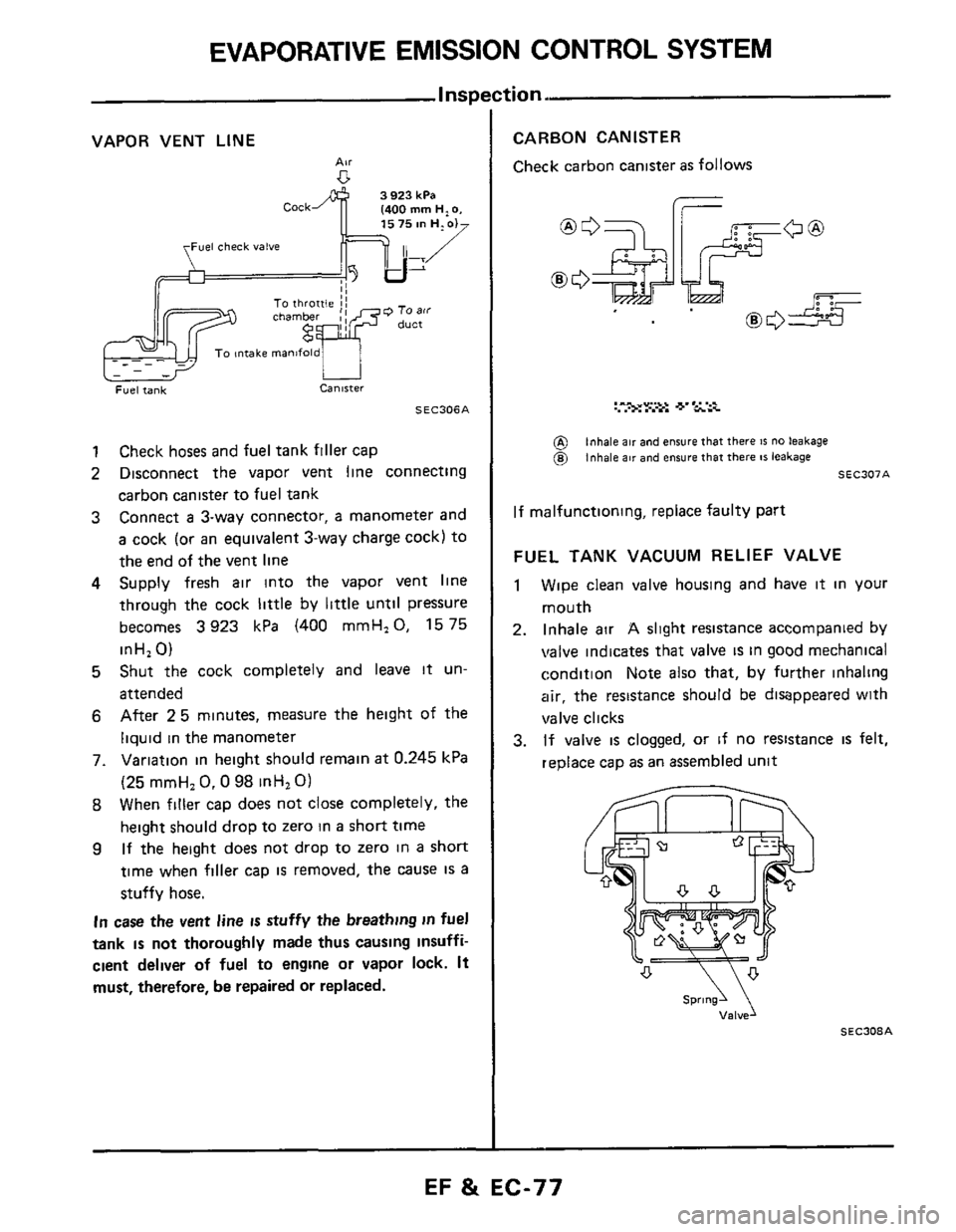 NISSAN 300ZX 1984 Z31 Engine Fuel And Emission Control System Manual PDF EVAPORATIVE EMISSION CONTROL SYSTEM
VAPOR VENT LINE
AN
Fuel check valve
SEC306A
1 Check hoses and fuel tank filler cap
2 Disconnect the vapor vent line connecting
carbon canister to fu NISSAN 300ZX 1984 Z31 Engine Fuel And Emission Control System Manual PDF EVAPORATIVE EMISSION CONTROL SYSTEM
VAPOR VENT LINE
AN
Fuel check valve
SEC306A
1 Check hoses and fuel tank filler cap
2 Disconnect the vapor vent line connecting
carbon canister to fu