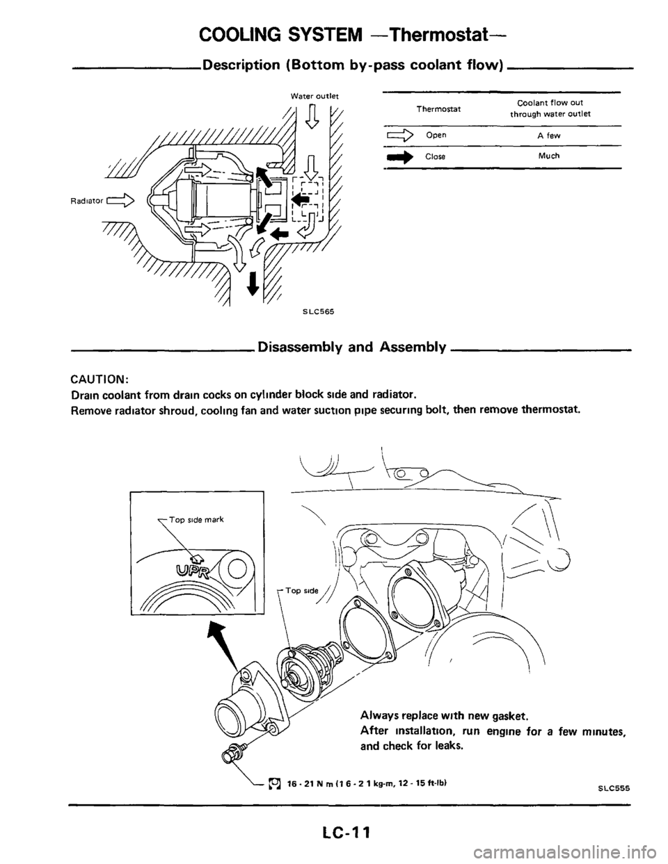 NISSAN 300ZX 1984 Z31 Engine Lubrication And Cooling System Workshop Manual COOLING SYSTEM -Thermostat- 
Description (Bottom by-pass coolant flow) 
- water OUtkt Coalant flow out 
through water Outlet Thermostat 
Open A few 
r) close Much 
SLC565 
Disassembly  and Assembly 
C