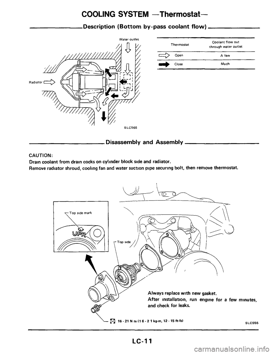 NISSAN 300ZX 1984 Z31 Engine Lubrication And Cooling System Workshop Manual COOLING SYSTEM -Thermostat-
Description (Bottom by-pass coolant flow)
- water OUtkt Coalant flow out
through water Outlet Thermostat
Open A few
r) close Much
SLC565
Disassembly and Assembly
C NISSAN 300ZX 1984 Z31 Engine Lubrication And Cooling System Workshop Manual COOLING SYSTEM -Thermostat-
Description (Bottom by-pass coolant flow)
- water OUtkt Coalant flow out
through water Outlet Thermostat
Open A few
r) close Much
SLC565
Disassembly and Assembly
C