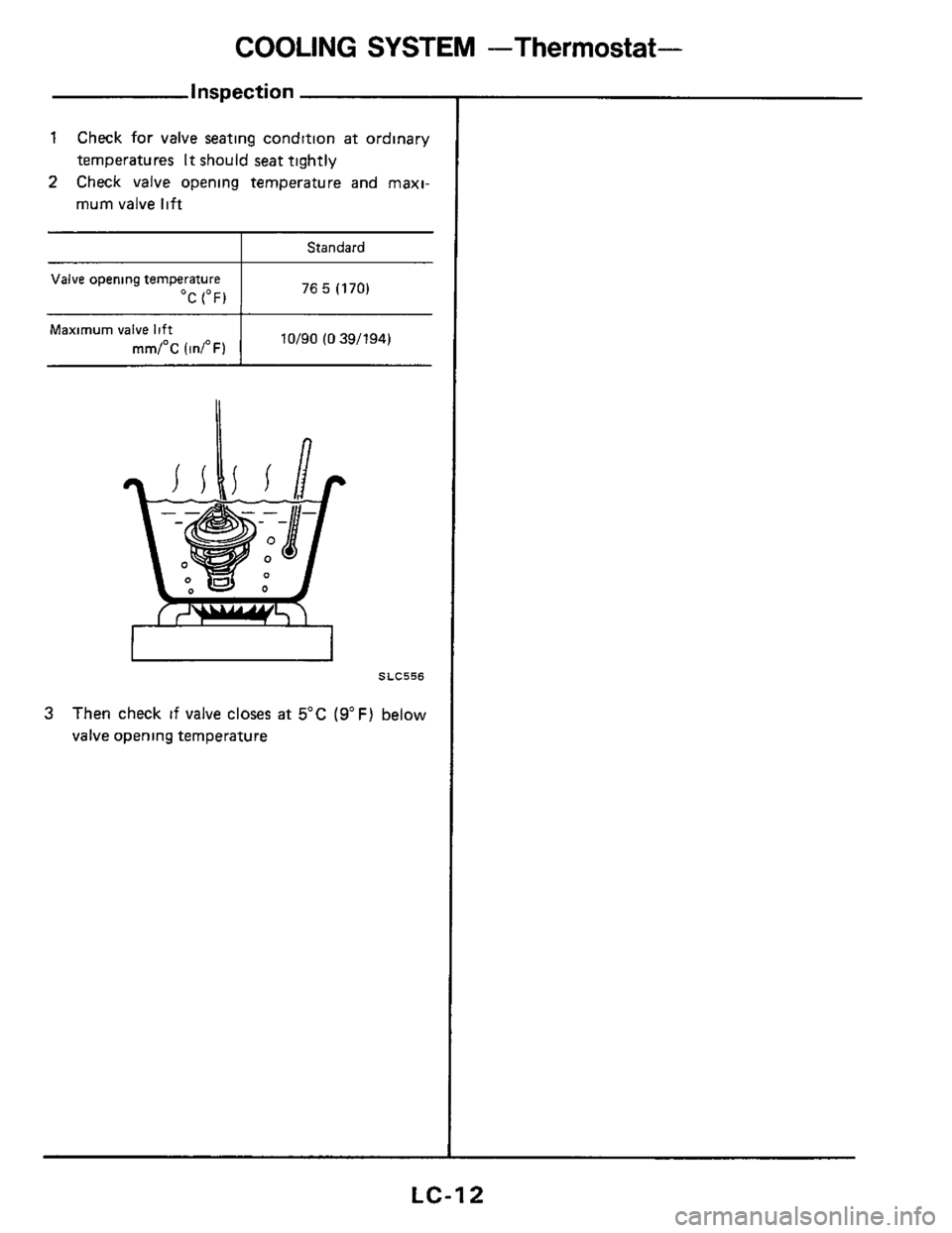 NISSAN 300ZX 1984 Z31 Engine Lubrication And Cooling System User Guide COOLING SYSTEM -Thermostat- 
inspection 
1 Check for valve  seating  condition at ordinary 
temperatures 
It should seat  tightly 
2 Check  valve  opening temperature and rnaxl- 
mum valve lift 
I Sta