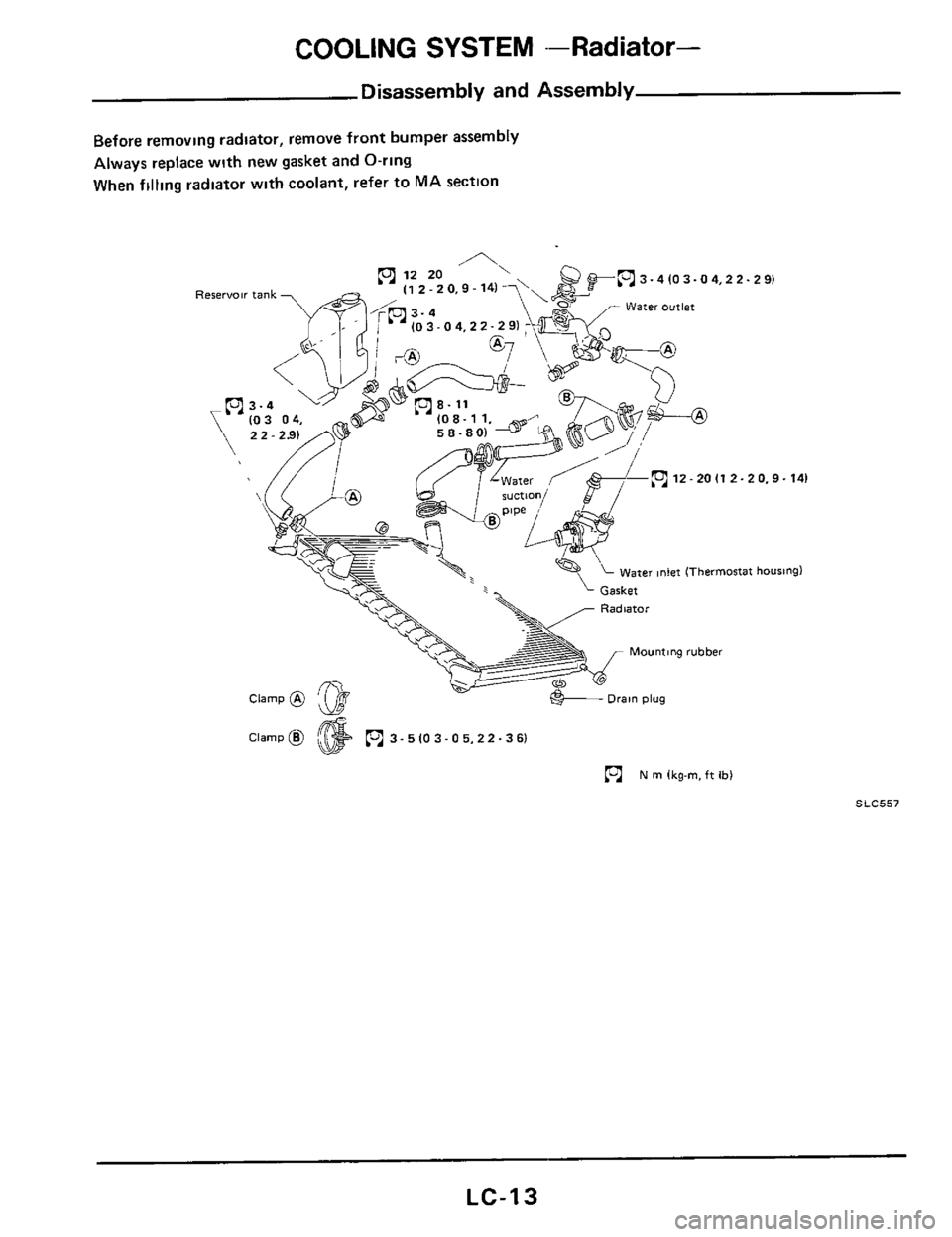 NISSAN 300ZX 1984 Z31 Engine Lubrication And Cooling System User Guide COOLING  SYSTEM -Radiator- 
Disassembly and Assembly 
Before removing  radtator, remove front bumper  assembly 
Always  replace  with new gasket  and O-ring 
When  filling  radiator  with coolant,  re