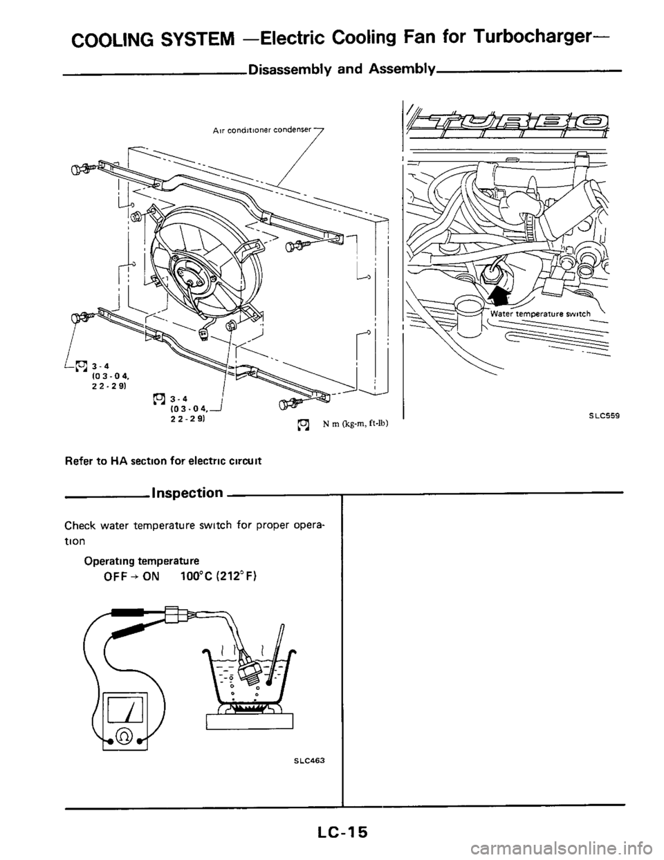 NISSAN 300ZX 1984 Z31 Engine Lubrication And Cooling System User Guide COOLING SYSTEM -Electric Cooling Fan for Turbocharger- 
Disassembly  and Assembly 
7 AW condmoner  condenser 
Refer to HA section  for electric  circwt 
Inspection 
Check water  temperature  switch fo