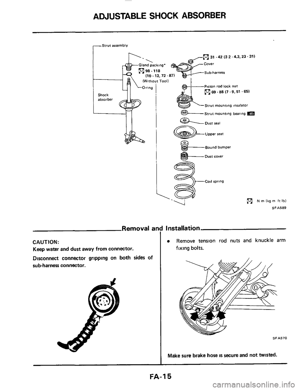 NISSAN 300ZX 1984 Z31 Front Suspension Workshop Manual ADJUSTABLE SHOCK ABSORBER 
rStwt assembly 
31 -42 (3 2 -4.3,23-  31) 
(Without Tool1 
P~rton rod lock nut 
69 .88 (7 .9.51 .651 
Strut mounting tnsulator 
Strut  mounting  bearing m 
31 -42 (3 2 -4.3.