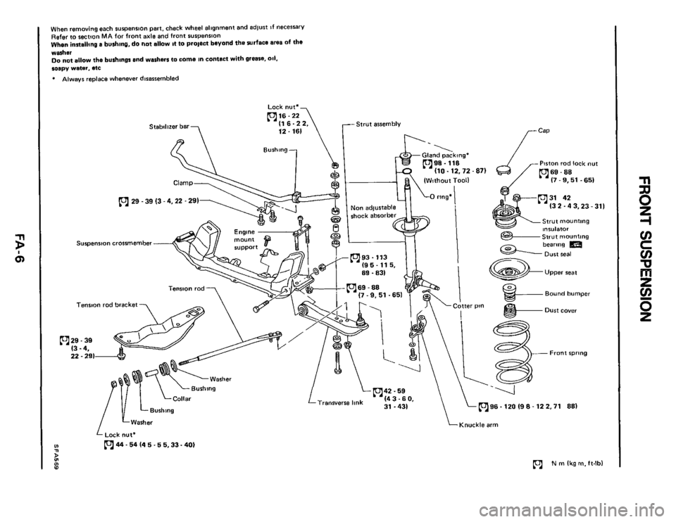 NISSAN 300ZX 1984 Z31 Front Suspension Workshop Manual When removing  each s~~pension part, check  wheel  allgnrnent  and adlust  If necessary 
Refer  to section MA for  front  axle and front suspension When innalling a bushing,  do not allow It to  prole