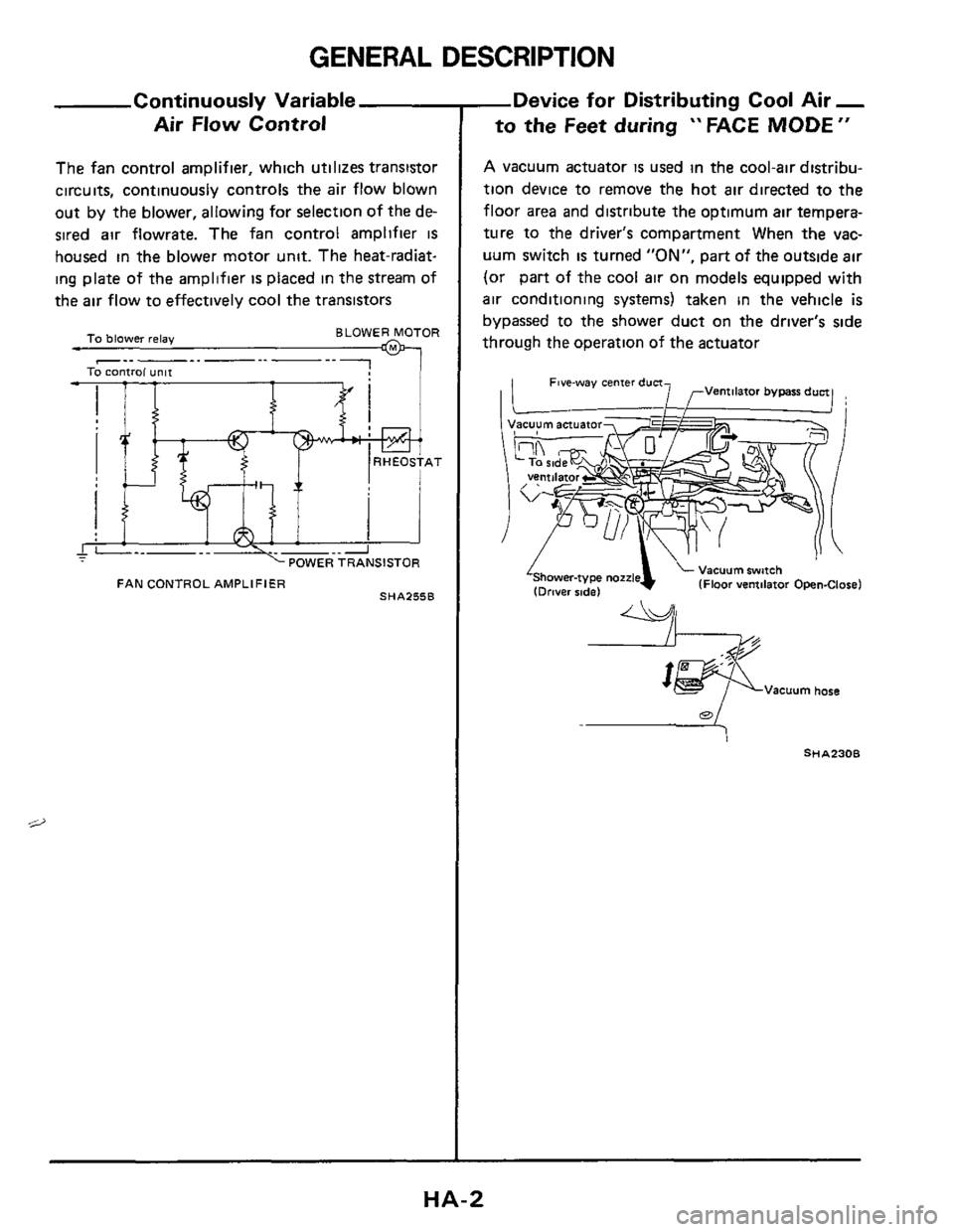 NISSAN 300ZX 1984 Z31 Heather And Air Conditioner Workshop Manual GENERAL DESCRIPTION 
Continuously Variable Air  Flow  Control 
The fan control  amplifier,  which utilizes  transistor 
circuits,  continuously  controls  the air flow  blown 
out 
by the  blower,  al