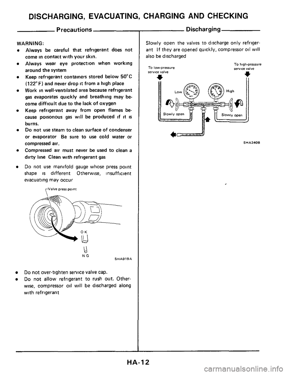 NISSAN 300ZX 1984 Z31 Heather And Air Conditioner Workshop Manual DISCHARGING, EVACUATING, CHARGING AND CHECKING 
Precautions 
WARNING: 
Always  be careful that refrigerant  does not 
come  in contact  with your  skin. 
Always  wear 
eye protection  when working 
ar