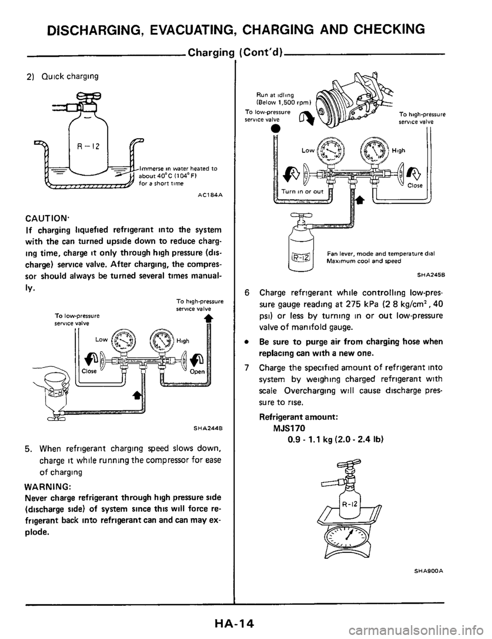 NISSAN 300ZX 1984 Z31 Heather And Air Conditioner User Guide DISCHARGING, EVACUATING, CHARGING AND CHECKING
Chargin!
2) Quick charging
Immerse in water heated to about40*C 11W0FI for a Short time
AC184A
CAUTION.
If charging liquefied refrigerant into NISSAN 300ZX 1984 Z31 Heather And Air Conditioner User Guide DISCHARGING, EVACUATING, CHARGING AND CHECKING
Chargin!
2) Quick charging
Immerse in water heated to about40*C 11W0FI for a Short time
AC184A
CAUTION.
If charging liquefied refrigerant into