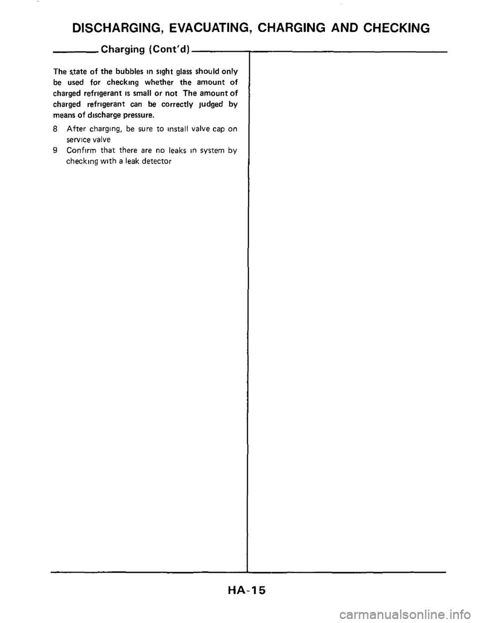 NISSAN 300ZX 1984 Z31 Heather And Air Conditioner User Guide DISCHARGING, EVACUATING, CHARGING AND CHECKING 
Charging  (Contd) 
The state of the bubbles in sight  glass should only 
be used for checking  whether the amount of 
charged  refrigerant is small or 