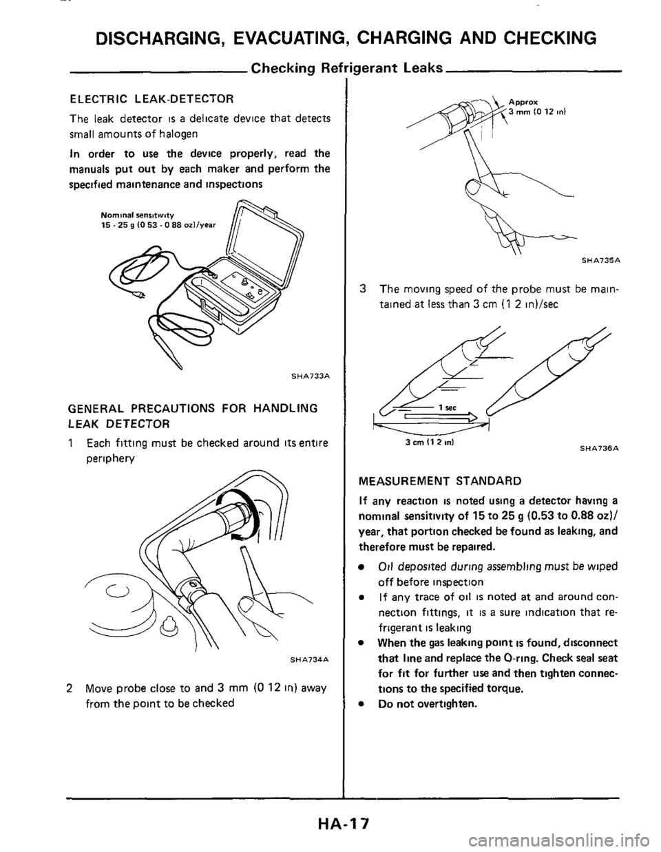 NISSAN 300ZX 1984 Z31 Heather And Air Conditioner Workshop Manual DISCHARGING, EVACUATING, CHARGING AND CHECKING 
ELECTRIC  L EAK-DETECTOR 
The  leak  detector IS a delicate  device that detects 
small  amounts  of halogen 
In  order  to 
use the device  properly,  