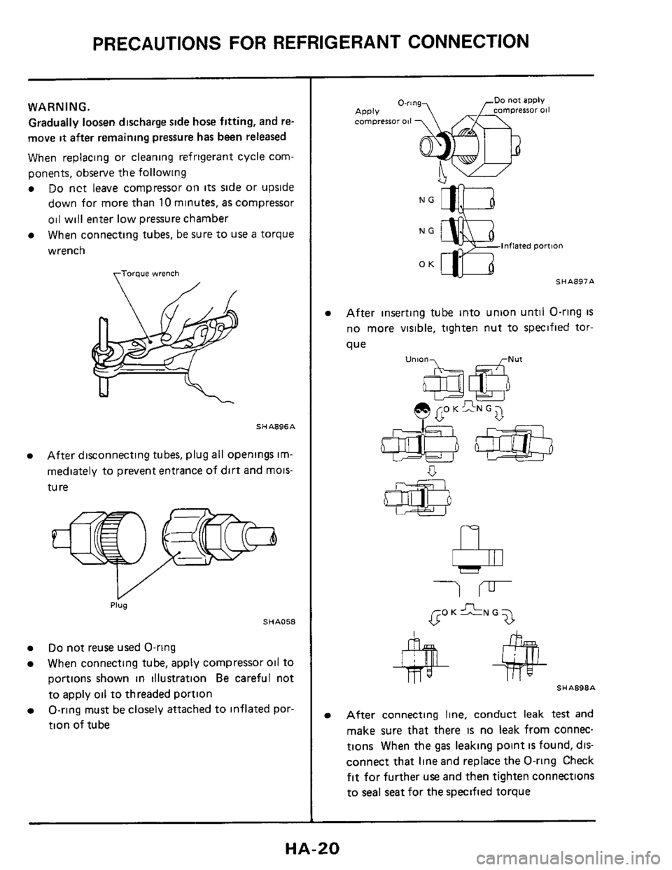 NISSAN 300ZX 1984 Z31 Heather And Air Conditioner Workshop Manual PRECAUTIONS FOR REFRIGERANT CONNECTION 
WARNING. 
Gradually loosen discharge side hose fitting,  and re- 
move 
it after  remaining  pressure has been  released 
When  replacing  or cleaning  refriger