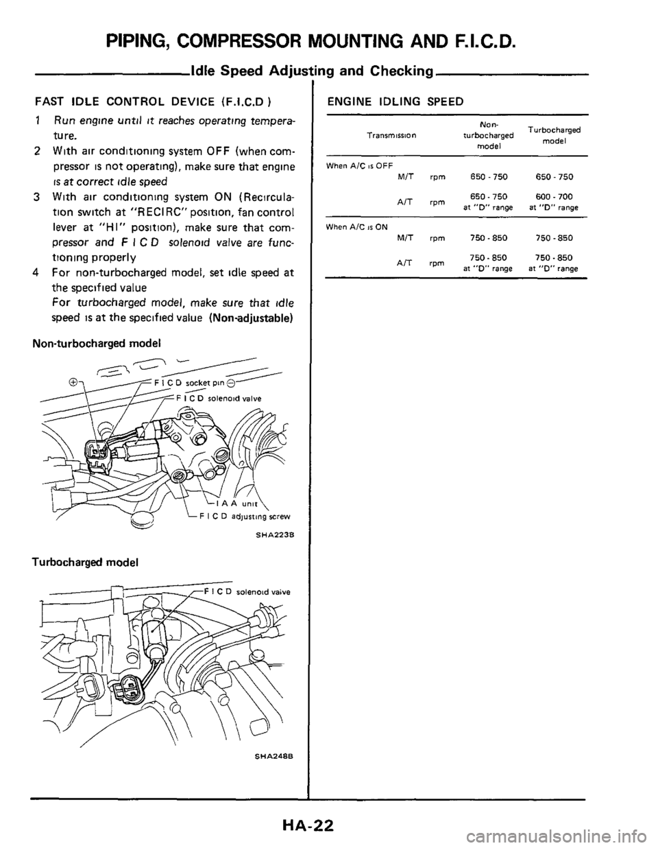 NISSAN 300ZX 1984 Z31 Heather And Air Conditioner Workshop Manual PIPING, COMPRESSOR MOUNTING AND F.I.C.D.
Idle Speed Adju
FAST IDLE CONTROL DEVICE (F.1.C.D )
1
2
Run engine until it reaches operating tempera-
ture.
With air conditioning system
OFF (whe NISSAN 300ZX 1984 Z31 Heather And Air Conditioner Workshop Manual PIPING, COMPRESSOR MOUNTING AND F.I.C.D.
Idle Speed Adju
FAST IDLE CONTROL DEVICE (F.1.C.D )
1
2
Run engine until it reaches operating tempera-
ture.
With air conditioning system
OFF (whe