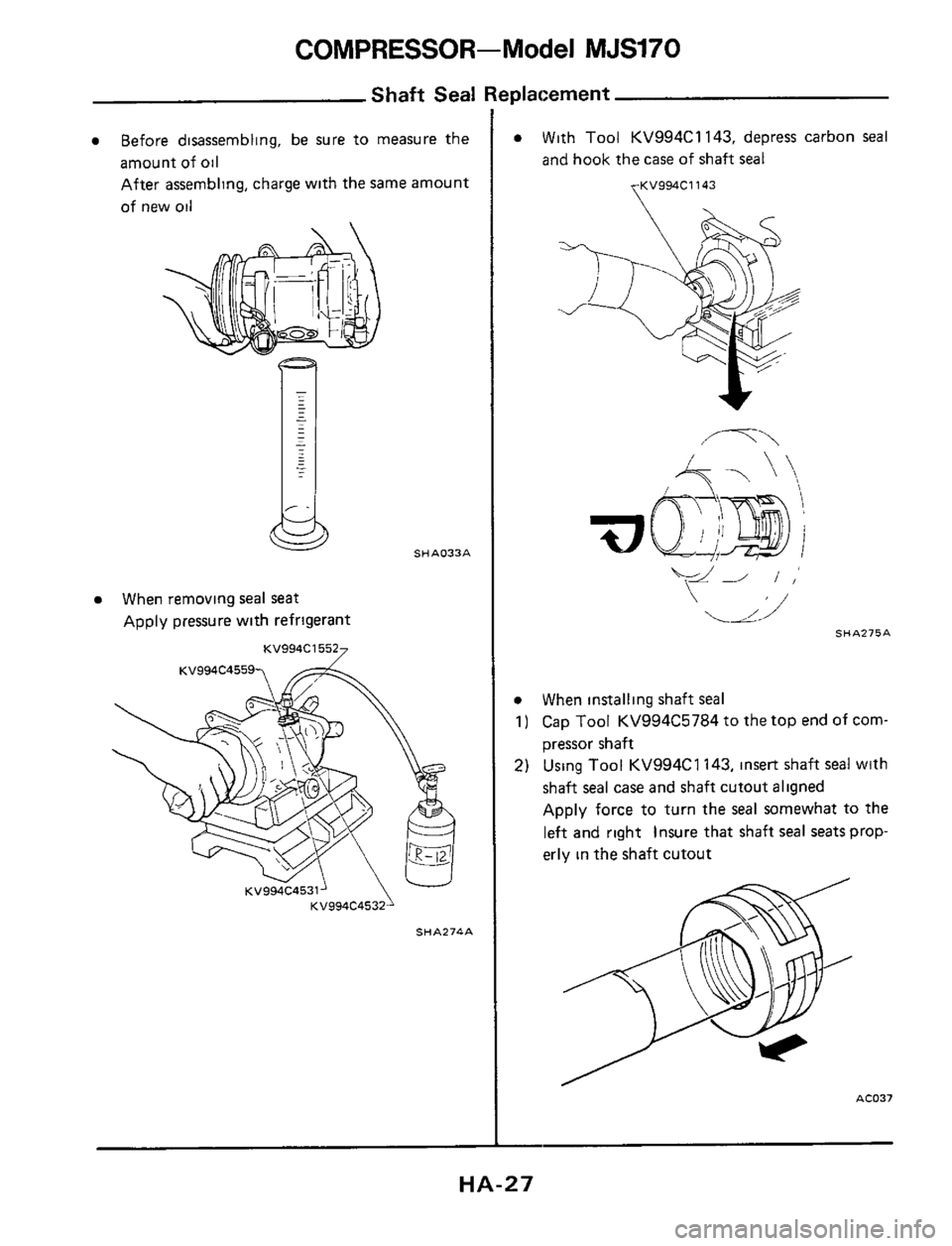 NISSAN 300ZX 1984 Z31 Heather And Air Conditioner Workshop Manual COMPRESSOR-Model MJS170 
Shaft Seal Replacement 
Before  disassembling,  be  sure to measure  the 
amount  of 
oil 
After assembling, charge  with the same  amount 
of  new  oil 
When  removing seal s