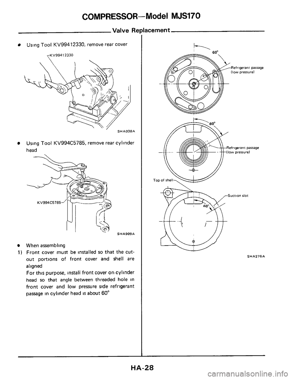 NISSAN 300ZX 1984 Z31 Heather And Air Conditioner Owners Manual COMPRESSOR-Model MJS170 
Valve Re 
Using Tool KV99412330, remove rear cover 
yKV9941 2330 
SHAO38A 
Using Tool KV994C5785, remove rear cylinder 
head 
SHA909A 
When assembling 
1) Front  cover must be