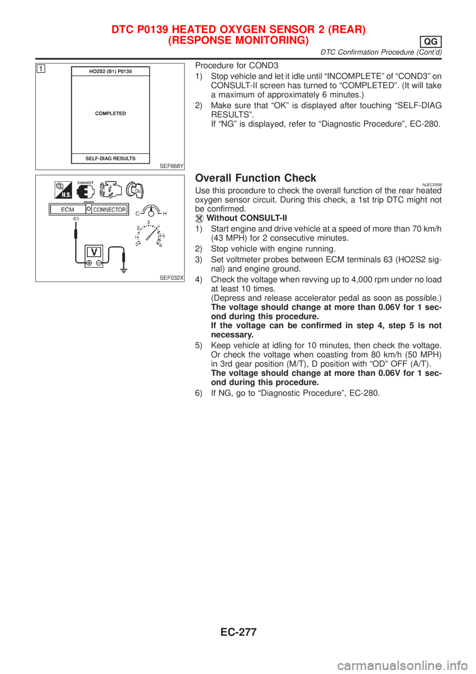 NISSAN ALMERA 2001 Service Manual SEF668Y
Procedure for COND3
1) Stop vehicle and let it idle until ªINCOMPLETEº of ªCOND3º on
CONSULT-II screen has turned to ªCOMPLETEDº. (It will take
a maximum of approximately 6 minutes.)
2) NISSAN ALMERA 2001 Service Manual SEF668Y
Procedure for COND3
1) Stop vehicle and let it idle until ªINCOMPLETEº of ªCOND3º on
CONSULT-II screen has turned to ªCOMPLETEDº. (It will take
a maximum of approximately 6 minutes.)
2)