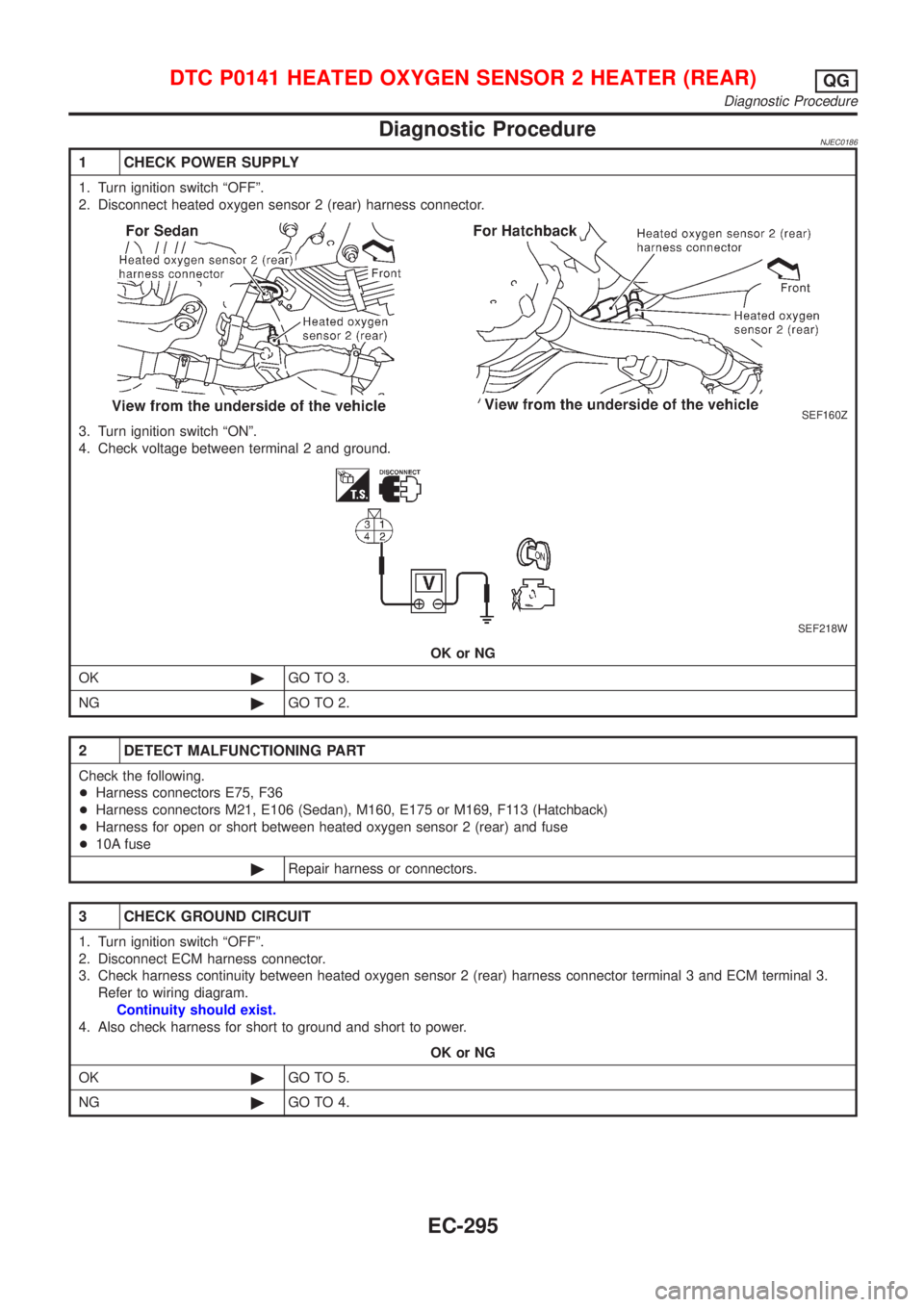 NISSAN ALMERA 2001 Service Manual Diagnostic ProcedureNJEC0186
1 CHECK POWER SUPPLY
1. Turn ignition switch ªOFFº.
2. Disconnect heated oxygen sensor 2 (rear) harness connector.
SEF160Z
3. Turn ignition switch ªONº.
4. Check volta NISSAN ALMERA 2001 Service Manual Diagnostic ProcedureNJEC0186
1 CHECK POWER SUPPLY
1. Turn ignition switch ªOFFº.
2. Disconnect heated oxygen sensor 2 (rear) harness connector.
SEF160Z
3. Turn ignition switch ªONº.
4. Check volta