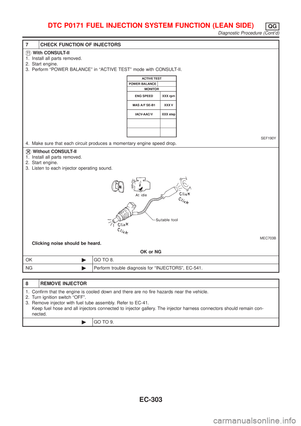 NISSAN ALMERA 2001  Service Manual 7 CHECK FUNCTION OF INJECTORS
With CONSULT-II
1. Install all parts removed.
2. Start engine.
3. Perform ªPOWER BALANCEº in ªACTIVE TESTº mode with CONSULT-II.
SEF190Y
4. Make sure that each circui