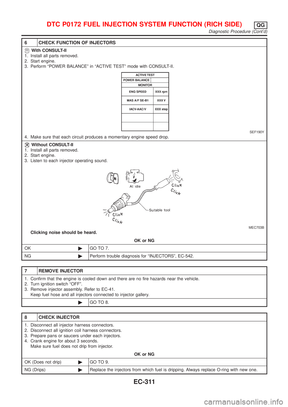NISSAN ALMERA 2001 Service Manual 6 CHECK FUNCTION OF INJECTORS
With CONSULT-II
1. Install all parts removed.
2. Start engine.
3. Perform ªPOWER BALANCEº in ªACTIVE TESTº mode with CONSULT-II.
SEF190Y
4. Make sure that each circui NISSAN ALMERA 2001 Service Manual 6 CHECK FUNCTION OF INJECTORS
With CONSULT-II
1. Install all parts removed.
2. Start engine.
3. Perform ªPOWER BALANCEº in ªACTIVE TESTº mode with CONSULT-II.
SEF190Y
4. Make sure that each circui