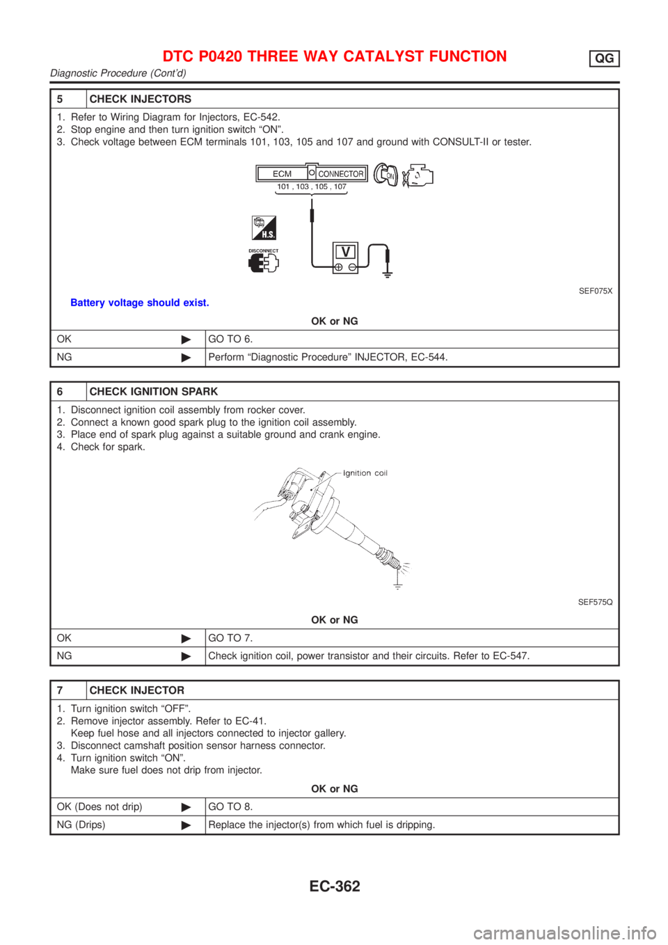 NISSAN ALMERA 2001 Service Manual 5 CHECK INJECTORS
1. Refer to Wiring Diagram for Injectors, EC-542.
2. Stop engine and then turn ignition switch ªONº.
3. Check voltage between ECM terminals 101, 103, 105 and 107 and ground with CO NISSAN ALMERA 2001 Service Manual 5 CHECK INJECTORS
1. Refer to Wiring Diagram for Injectors, EC-542.
2. Stop engine and then turn ignition switch ªONº.
3. Check voltage between ECM terminals 101, 103, 105 and 107 and ground with CO