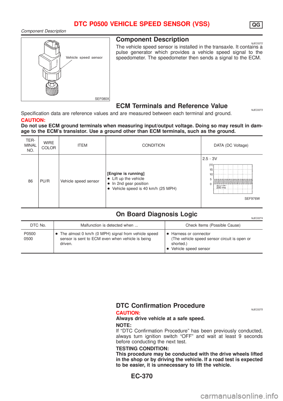 NISSAN ALMERA 2001  Service Manual SEF080X
Component DescriptionNJEC0272The vehicle speed sensor is installed in the transaxle. It contains a
pulse generator which provides a vehicle speed signal to the
speedometer. The speedometer the