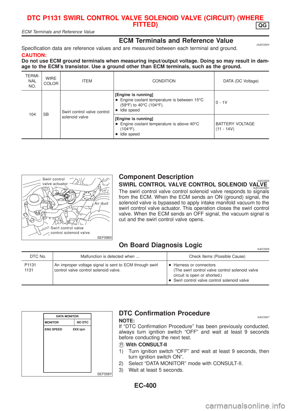 NISSAN ALMERA 2001 Service Manual ECM Terminals and Reference Value=NJEC0524Specification data are reference values and are measured between each terminal and ground.
CAUTION:
Do not use ECM ground terminals when measuring input/outpu NISSAN ALMERA 2001 Service Manual ECM Terminals and Reference Value=NJEC0524Specification data are reference values and are measured between each terminal and ground.
CAUTION:
Do not use ECM ground terminals when measuring input/outpu