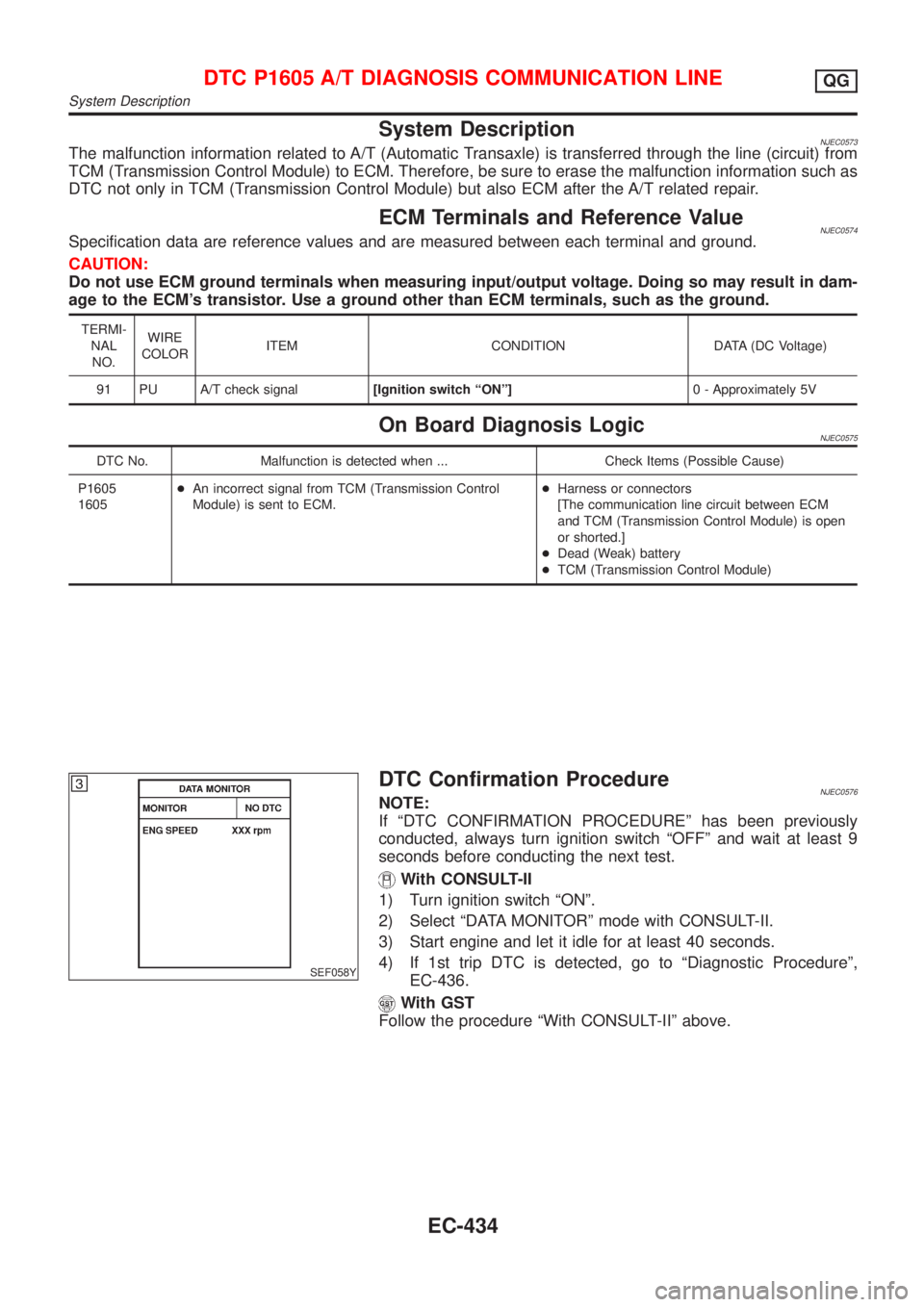 NISSAN ALMERA 2001 Service Manual System DescriptionNJEC0573The malfunction information related to A/T (Automatic Transaxle) is transferred through the line (circuit) from
TCM (Transmission Control Module) to ECM. Therefore, be sure t NISSAN ALMERA 2001 Service Manual System DescriptionNJEC0573The malfunction information related to A/T (Automatic Transaxle) is transferred through the line (circuit) from
TCM (Transmission Control Module) to ECM. Therefore, be sure t