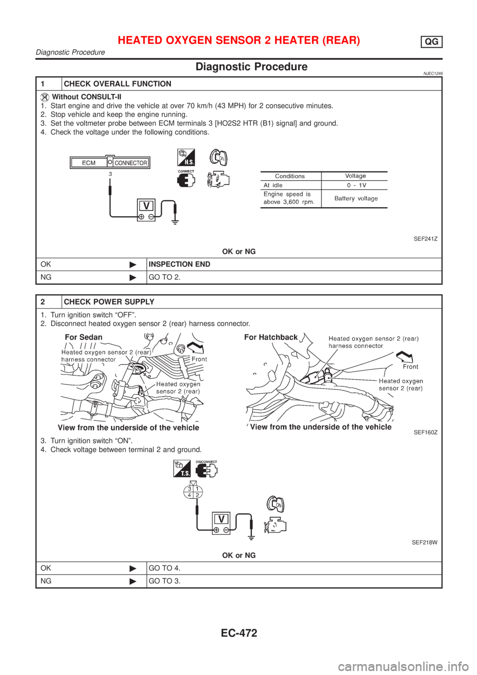 NISSAN ALMERA 2001 Service Manual Diagnostic ProcedureNJEC1246
1 CHECK OVERALL FUNCTION
Without CONSULT-II
1. Start engine and drive the vehicle at over 70 km/h (43 MPH) for 2 consecutive minutes.
2. Stop vehicle and keep the engine r NISSAN ALMERA 2001 Service Manual Diagnostic ProcedureNJEC1246
1 CHECK OVERALL FUNCTION
Without CONSULT-II
1. Start engine and drive the vehicle at over 70 km/h (43 MPH) for 2 consecutive minutes.
2. Stop vehicle and keep the engine r