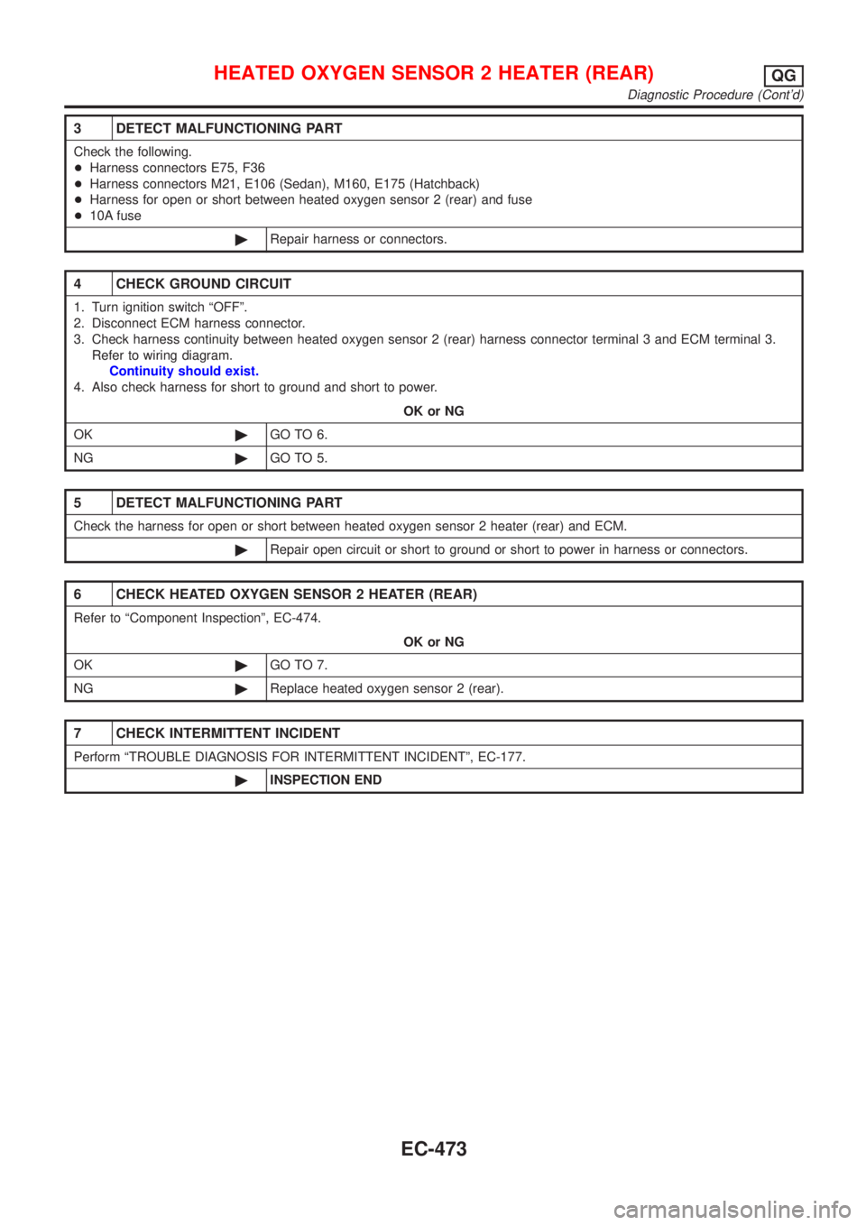 NISSAN ALMERA 2001 Service Manual 3 DETECT MALFUNCTIONING PART
Check the following.
+Harness connectors E75, F36
+Harness connectors M21, E106 (Sedan), M160, E175 (Hatchback)
+Harness for open or short between heated oxygen sensor 2 ( NISSAN ALMERA 2001 Service Manual 3 DETECT MALFUNCTIONING PART
Check the following.
+Harness connectors E75, F36
+Harness connectors M21, E106 (Sedan), M160, E175 (Hatchback)
+Harness for open or short between heated oxygen sensor 2 (