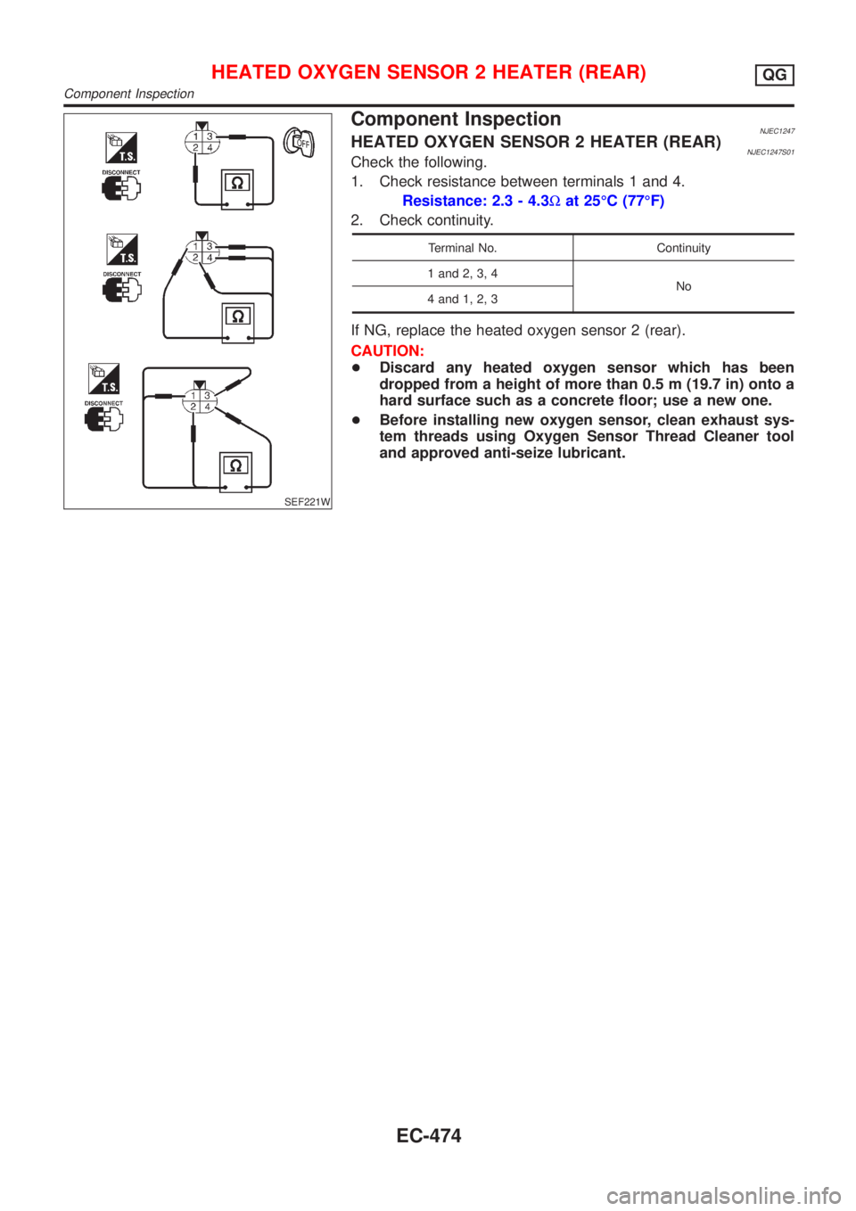 NISSAN ALMERA 2001 Service Manual SEF221W
Component InspectionNJEC1247HEATED OXYGEN SENSOR 2 HEATER (REAR)NJEC1247S01Check the following.
1. Check resistance between terminals 1 and 4.
Resistance: 2.3 - 4.3Wat 25ÉC (77ÉF)
2. Check c NISSAN ALMERA 2001 Service Manual SEF221W
Component InspectionNJEC1247HEATED OXYGEN SENSOR 2 HEATER (REAR)NJEC1247S01Check the following.
1. Check resistance between terminals 1 and 4.
Resistance: 2.3 - 4.3Wat 25ÉC (77ÉF)
2. Check c