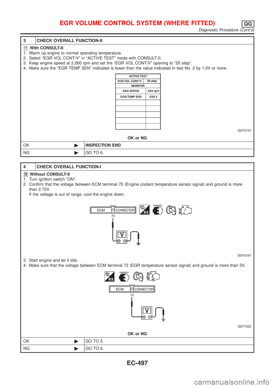 NISSAN ALMERA 2001 Service Manual 3 CHECK OVERALL FUNCTION-II
With CONSULT-II
1. Warm up engine to normal operating temperature.
2. Select ªEGR VOL CONT/Vº in ªACTIVE TESTº mode with CONSULT-II.
3. Keep engine speed at 2,000 rpm a NISSAN ALMERA 2001 Service Manual 3 CHECK OVERALL FUNCTION-II
With CONSULT-II
1. Warm up engine to normal operating temperature.
2. Select ªEGR VOL CONT/Vº in ªACTIVE TESTº mode with CONSULT-II.
3. Keep engine speed at 2,000 rpm a