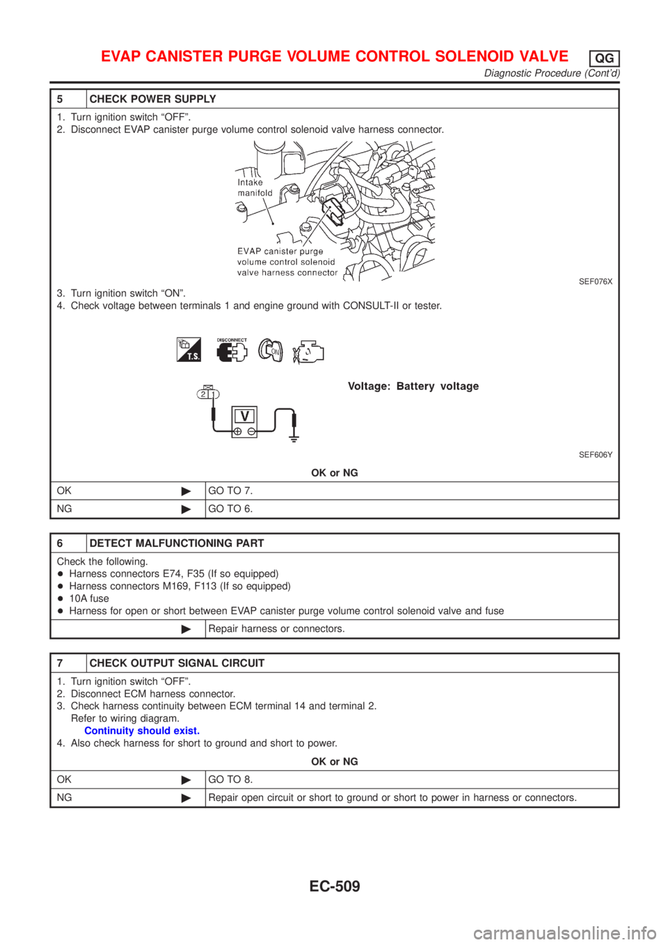 NISSAN ALMERA 2001 Service Manual 5 CHECK POWER SUPPLY
1. Turn ignition switch ªOFFº.
2. Disconnect EVAP canister purge volume control solenoid valve harness connector.
SEF076X
3. Turn ignition switch ªONº.
4. Check voltage betwee NISSAN ALMERA 2001 Service Manual 5 CHECK POWER SUPPLY
1. Turn ignition switch ªOFFº.
2. Disconnect EVAP canister purge volume control solenoid valve harness connector.
SEF076X
3. Turn ignition switch ªONº.
4. Check voltage betwee