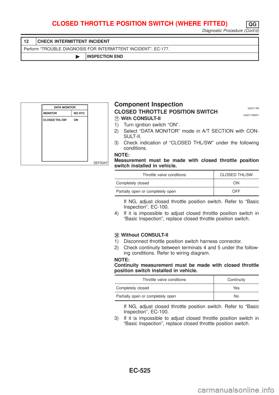 NISSAN ALMERA 2001 Service Manual 12 CHECK INTERMITTENT INCIDENT
Perform ªTROUBLE DIAGNOSIS FOR INTERMITTENT INCIDENTº, EC-177.
©INSPECTION END
SEF034Y
Component InspectionNJEC1768CLOSED THROTTLE POSITION SWITCHNJEC1768S01With CONS NISSAN ALMERA 2001 Service Manual 12 CHECK INTERMITTENT INCIDENT
Perform ªTROUBLE DIAGNOSIS FOR INTERMITTENT INCIDENTº, EC-177.
©INSPECTION END
SEF034Y
Component InspectionNJEC1768CLOSED THROTTLE POSITION SWITCHNJEC1768S01With CONS