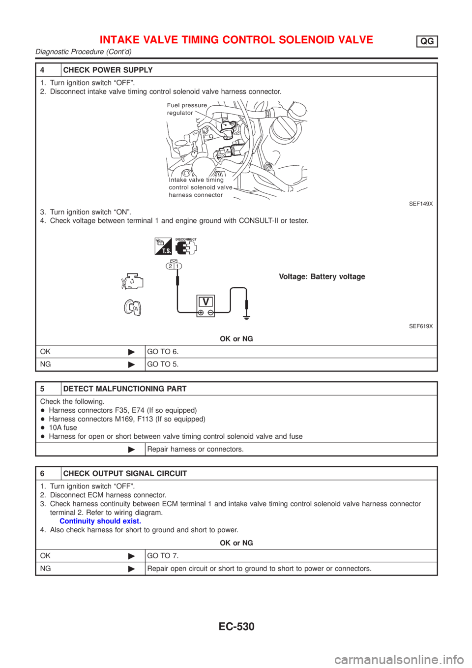NISSAN ALMERA 2001 Service Manual 4 CHECK POWER SUPPLY
1. Turn ignition switch ªOFFº.
2. Disconnect intake valve timing control solenoid valve harness connector.
SEF149X
3. Turn ignition switch ªONº.
4. Check voltage between termi NISSAN ALMERA 2001 Service Manual 4 CHECK POWER SUPPLY
1. Turn ignition switch ªOFFº.
2. Disconnect intake valve timing control solenoid valve harness connector.
SEF149X
3. Turn ignition switch ªONº.
4. Check voltage between termi