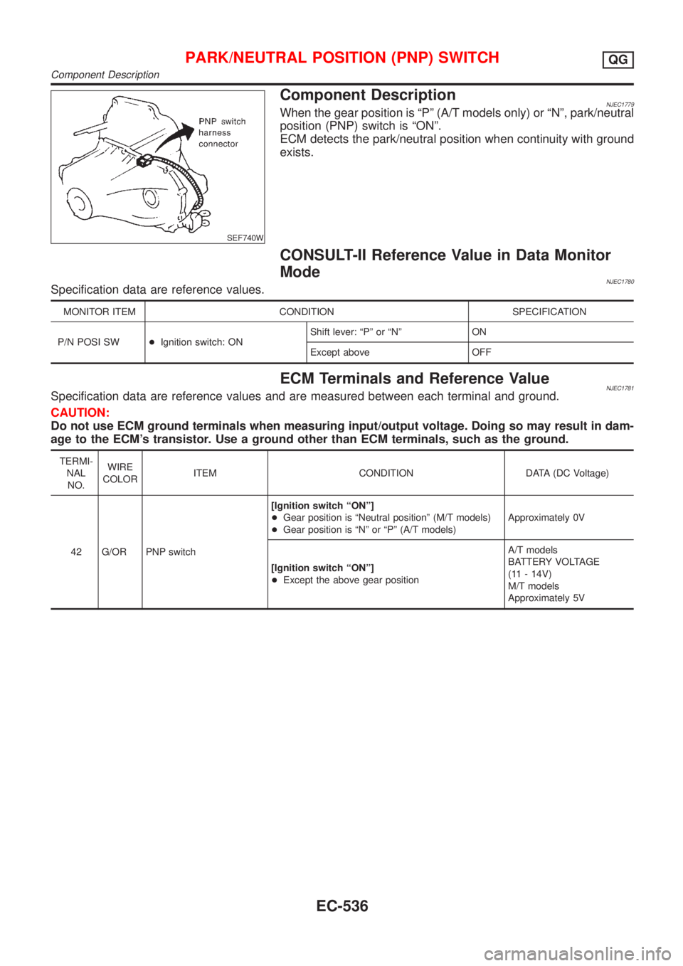 NISSAN ALMERA 2001 Service Manual SEF740W
Component DescriptionNJEC1779When the gear position is ªPº (A/T models only) or ªNº, park/neutral
position (PNP) switch is ªONº.
ECM detects the park/neutral position when continuity wit NISSAN ALMERA 2001 Service Manual SEF740W
Component DescriptionNJEC1779When the gear position is ªPº (A/T models only) or ªNº, park/neutral
position (PNP) switch is ªONº.
ECM detects the park/neutral position when continuity wit