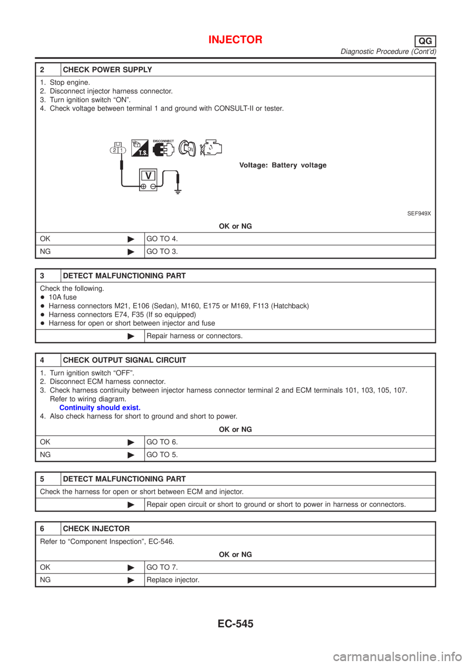 NISSAN ALMERA 2001 Service Manual 2 CHECK POWER SUPPLY
1. Stop engine.
2. Disconnect injector harness connector.
3. Turn ignition switch ªONº.
4. Check voltage between terminal 1 and ground with CONSULT-II or tester.
SEF949X
OK or N NISSAN ALMERA 2001 Service Manual 2 CHECK POWER SUPPLY
1. Stop engine.
2. Disconnect injector harness connector.
3. Turn ignition switch ªONº.
4. Check voltage between terminal 1 and ground with CONSULT-II or tester.
SEF949X
OK or N