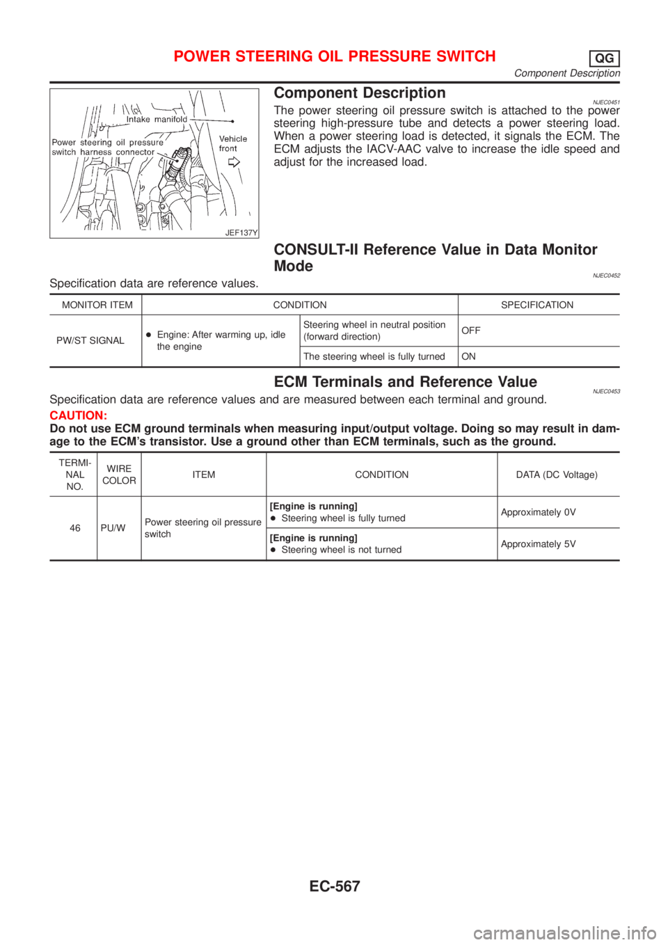 NISSAN ALMERA 2001  Service Manual JEF137Y
Component DescriptionNJEC0451The power steering oil pressure switch is attached to the power
steering high-pressure tube and detects a power steering load.
When a power steering load is detect