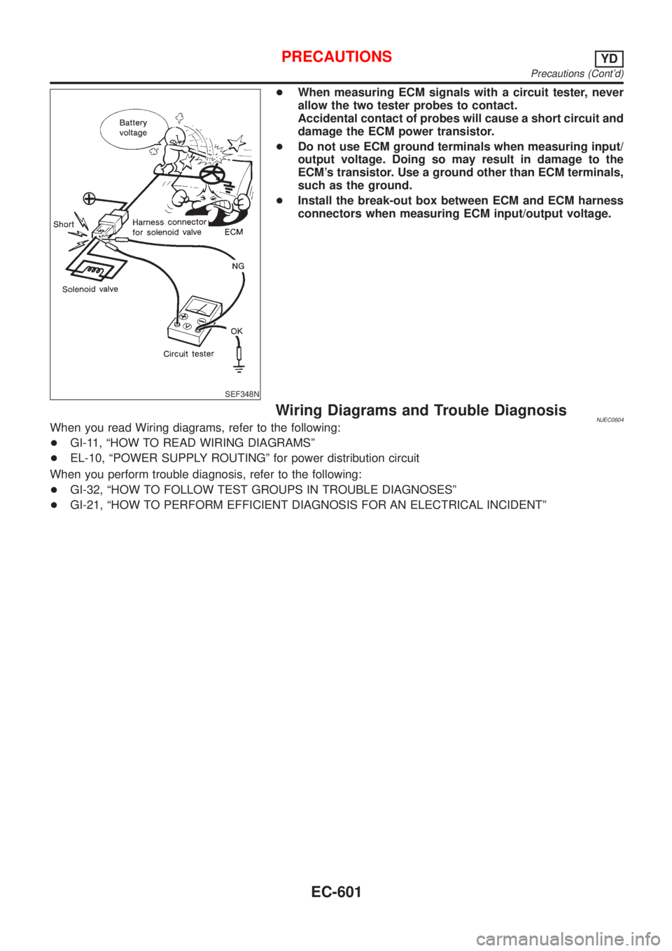 NISSAN ALMERA 2001  Service Manual SEF348N
+When measuring ECM signals with a circuit tester, never
allow the two tester probes to contact.
Accidental contact of probes will cause a short circuit and
damage the ECM power transistor.
+D