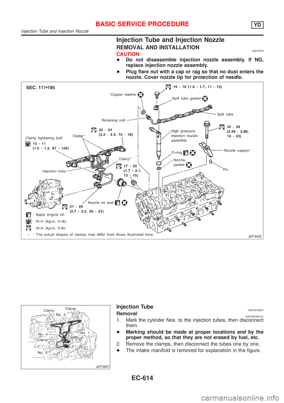 NISSAN ALMERA 2001  Service Manual Injection Tube and Injection Nozzle
REMOVAL AND INSTALLATIONNJEC0618CAUTION:
+Do not disassemble injection nozzle assembly. If NG,
replace injection nozzle assembly.
+Plug flare nut with a cap or rag 