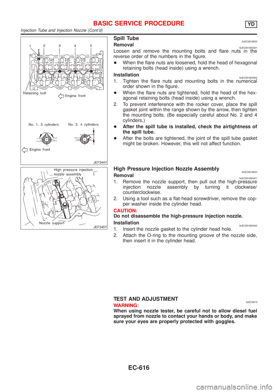 NISSAN ALMERA 2001  Service Manual JEF344Y
Spill TubeNJEC0618S03RemovalNJEC0618S0301Loosen and remove the mounting bolts and flare nuts in the
reverse order of the numbers in the figure.
+When the flare nuts are loosened, hold the head
