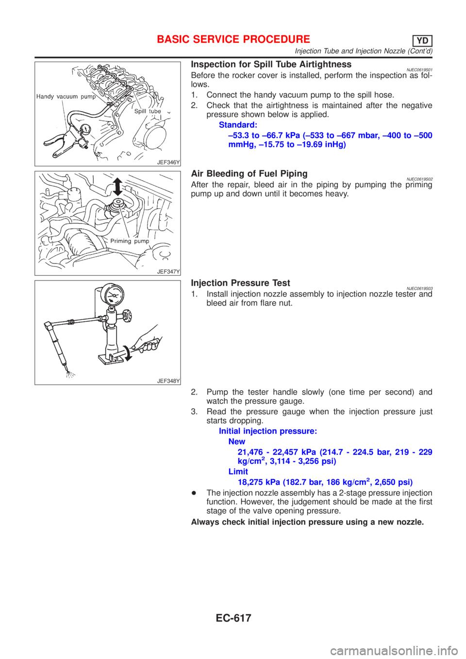 NISSAN ALMERA 2001  Service Manual JEF346Y
Inspection for Spill Tube AirtightnessNJEC0619S01Before the rocker cover is installed, perform the inspection as fol-
lows.
1. Connect the handy vacuum pump to the spill hose.
2. Check that th