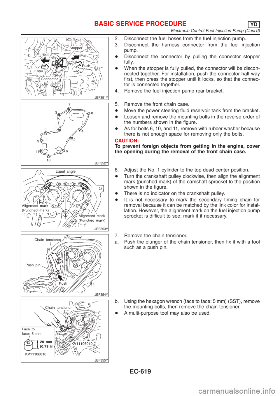 NISSAN ALMERA 2001  Service Manual JEF351Y
2. Disconnect the fuel hoses from the fuel injection pump.
3. Disconnect the harness connector from the fuel injection
pump.
+Disconnect the connector by pulling the connector stopper
fully.
+