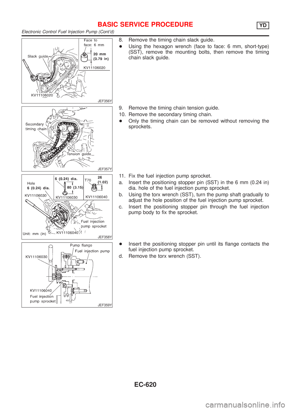 NISSAN ALMERA 2001  Service Manual JEF356Y
8. Remove the timing chain slack guide.
+Using the hexagon wrench (face to face: 6 mm, short-type)
(SST), remove the mounting bolts, then remove the timing
chain slack guide.
JEF357Y
9. Remove