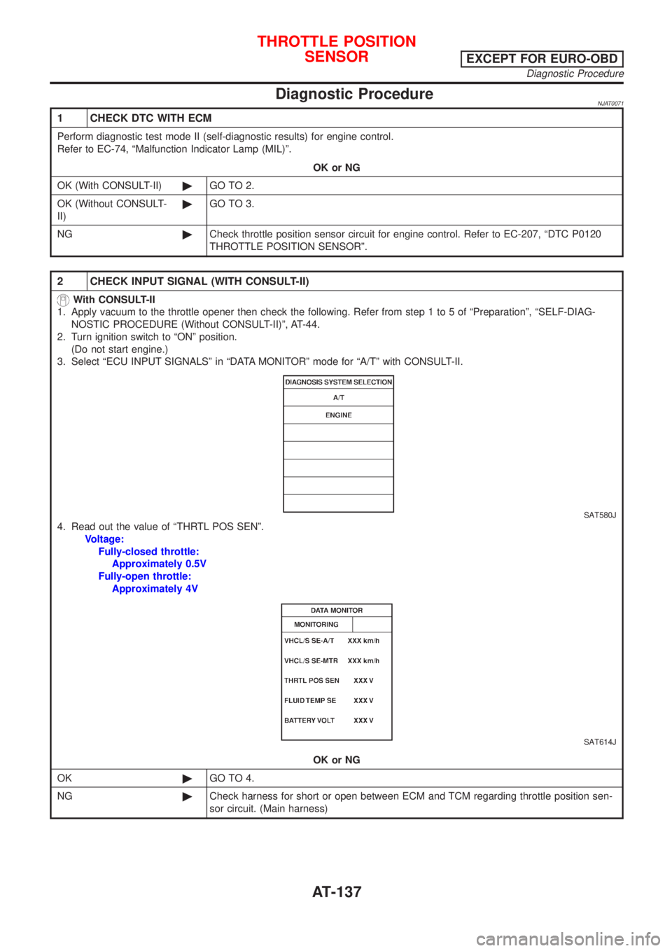 NISSAN ALMERA 2001 Service Manual Diagnostic ProcedureNJAT0071
1 CHECK DTC WITH ECM
Perform diagnostic test mode II (self-diagnostic results) for engine control.
Refer to EC-74, ªMalfunction Indicator Lamp (MIL)º.
OK or NG
OK (With NISSAN ALMERA 2001 Service Manual Diagnostic ProcedureNJAT0071
1 CHECK DTC WITH ECM
Perform diagnostic test mode II (self-diagnostic results) for engine control.
Refer to EC-74, ªMalfunction Indicator Lamp (MIL)º.
OK or NG
OK (With