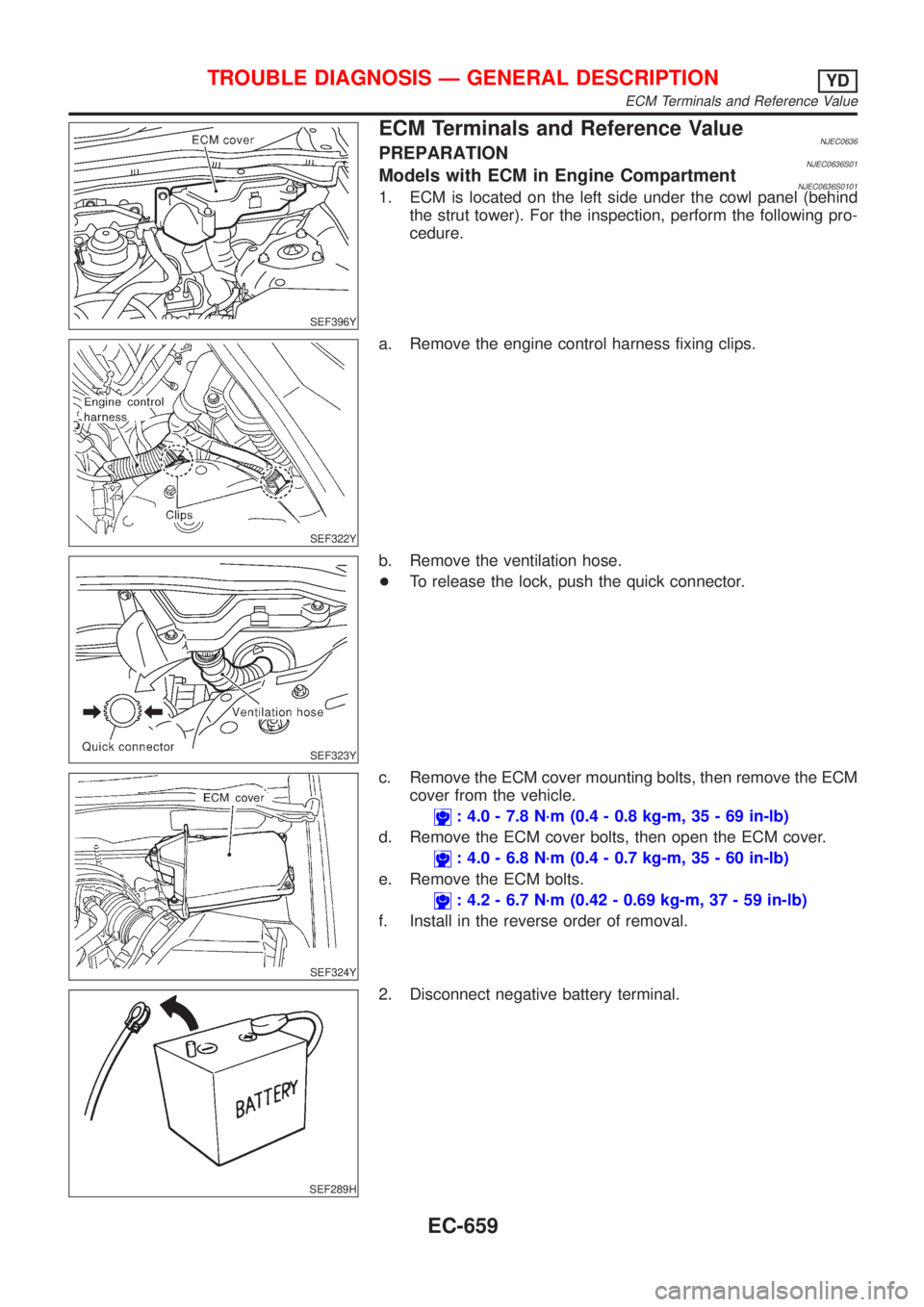 NISSAN ALMERA 2001  Service Manual SEF396Y
ECM Terminals and Reference ValueNJEC0636PREPARATIONNJEC0636S01Models with ECM in Engine CompartmentNJEC0636S01011. ECM is located on the left side under the cowl panel (behind
the strut tower
