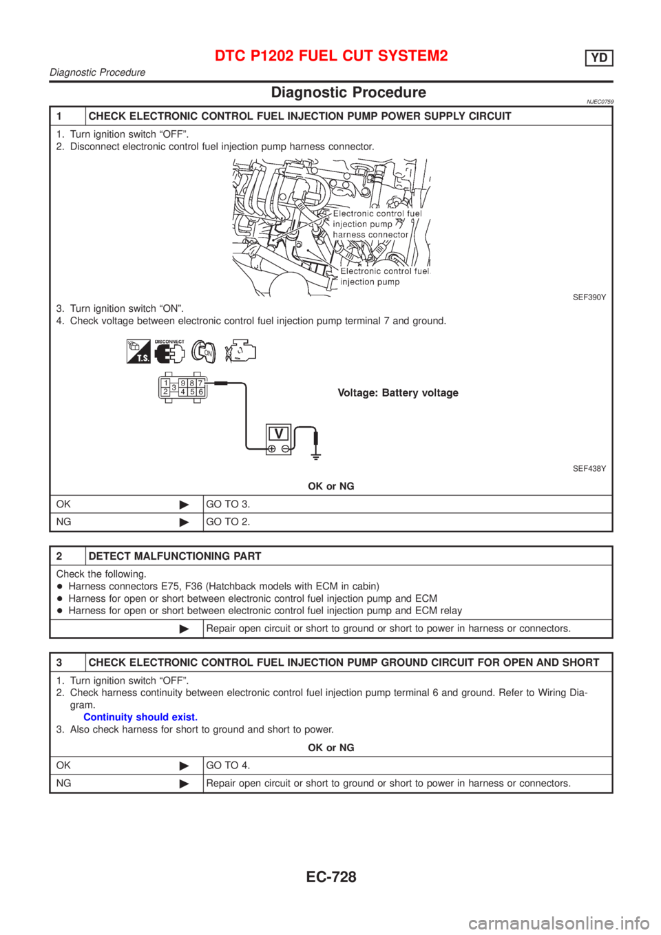 NISSAN ALMERA 2001  Service Manual Diagnostic ProcedureNJEC0759
1 CHECK ELECTRONIC CONTROL FUEL INJECTION PUMP POWER SUPPLY CIRCUIT
1. Turn ignition switch ªOFFº.
2. Disconnect electronic control fuel injection pump harness connector
