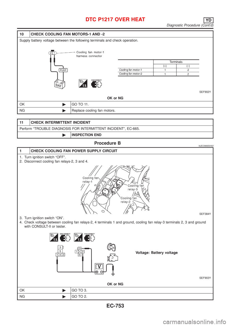 NISSAN ALMERA 2001  Service Manual 10 CHECK COOLING FAN MOTORS-1 AND -2
Supply battery voltage between the following terminals and check operation.
SEF902Y
OK or NG
OK©GO TO 11.
NG©Replace cooling fan motors.
11 CHECK INTERMITTENT IN